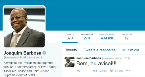 No Twitter, Joaquim Barbosa diz ter avisado sobre tentativa de obstrução da Lava Jato