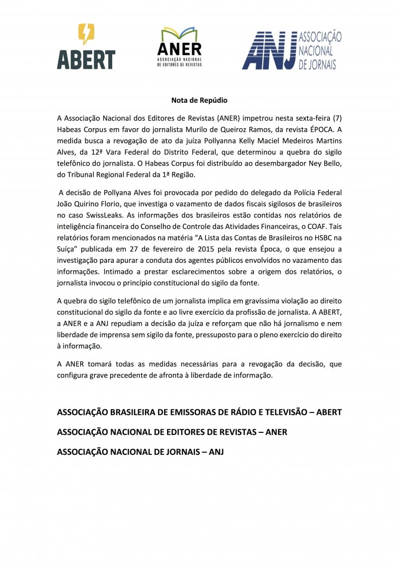 Em nota de repúdio, ANER critica quebra de sigilo telefônico