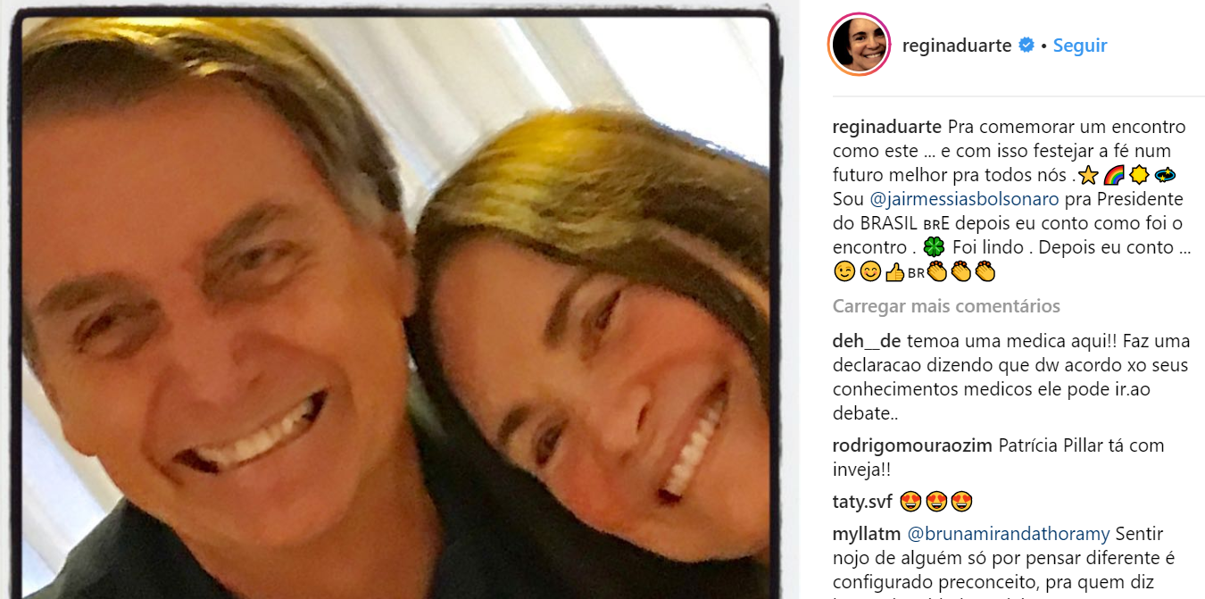 Regina registrou seu encontro com o então candidato do PSL, Jair Bolsonaro, no Instagram em 2018