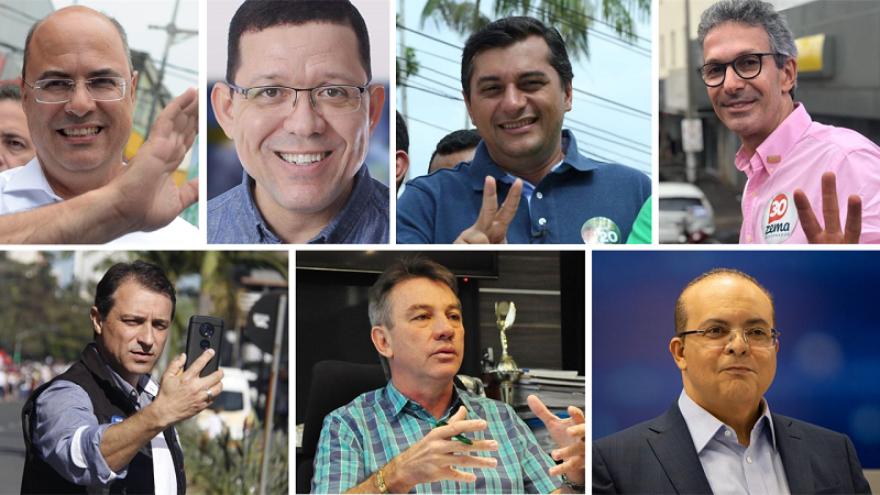 Da esquerda para a direita: Wilson Witzel (RJ), Coronel Marcos Rocha (RO), Wilson Lima (RO), Romeu Zema (MG), Comandante Moisés (SC), Antonio Denarium (RR) e Ibaneis Rocha (DF). Todos marinheiros de primeira viagem na política