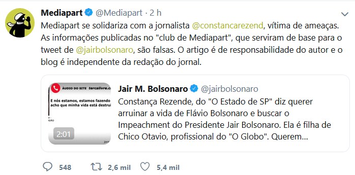 Site francês publicou no Twitter mensagem em que nega a acusação reproduzida por Bolsonaro[fotografo]Reprodução[/fotografo]