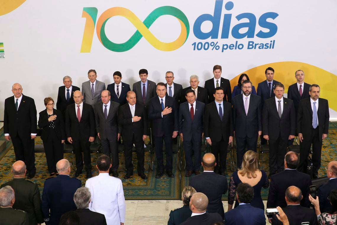 O presidente Jair Bolsonaro participa da cerimônia sobre os 100 dias de governo [fotografo]Antonio Cruz / Agência Brasil[/fotografo]