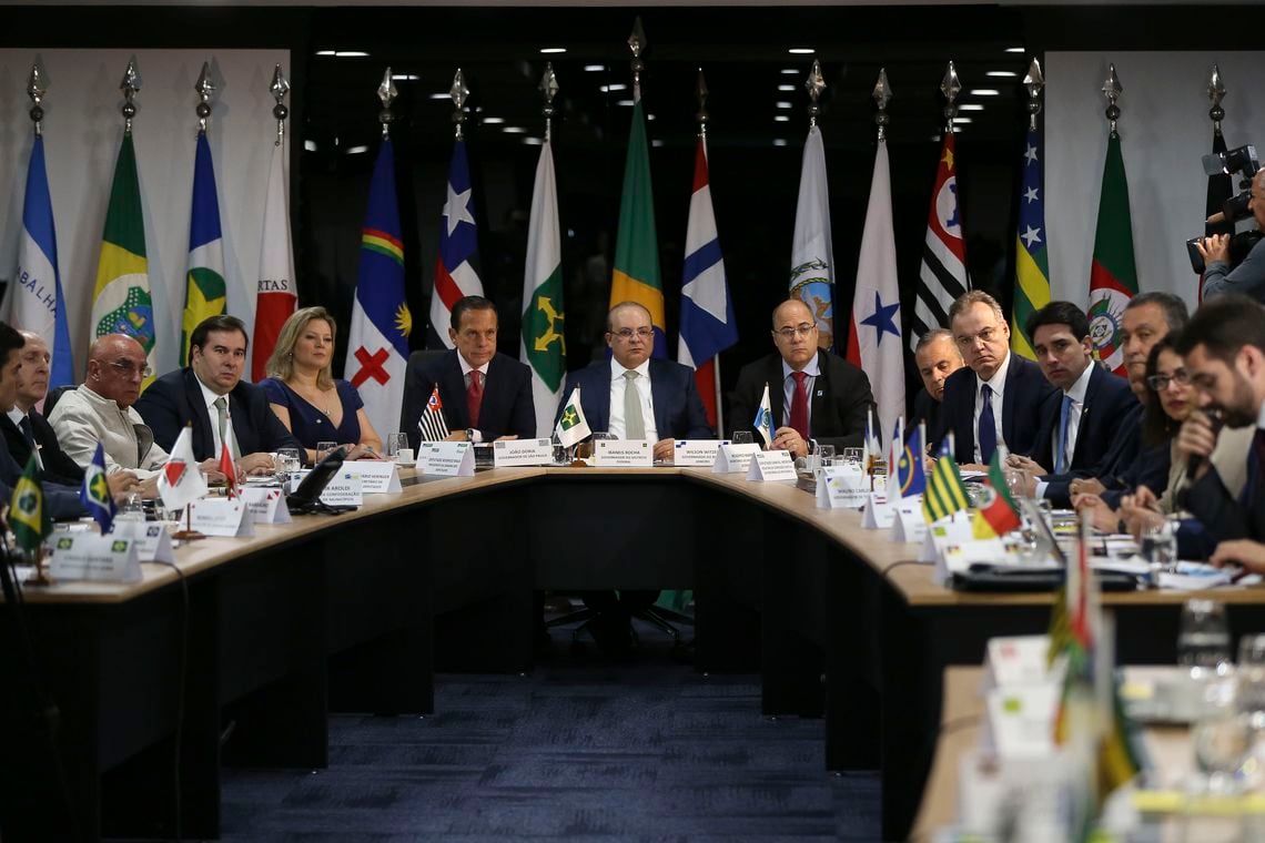 Os governadores, de São Paulo, João Doria, do Distrito Federal, Ibanez Rocha e do Rio de Janeiro, Wilson Witzel, participam da 5ª Reunião do Fórum de Governadores.