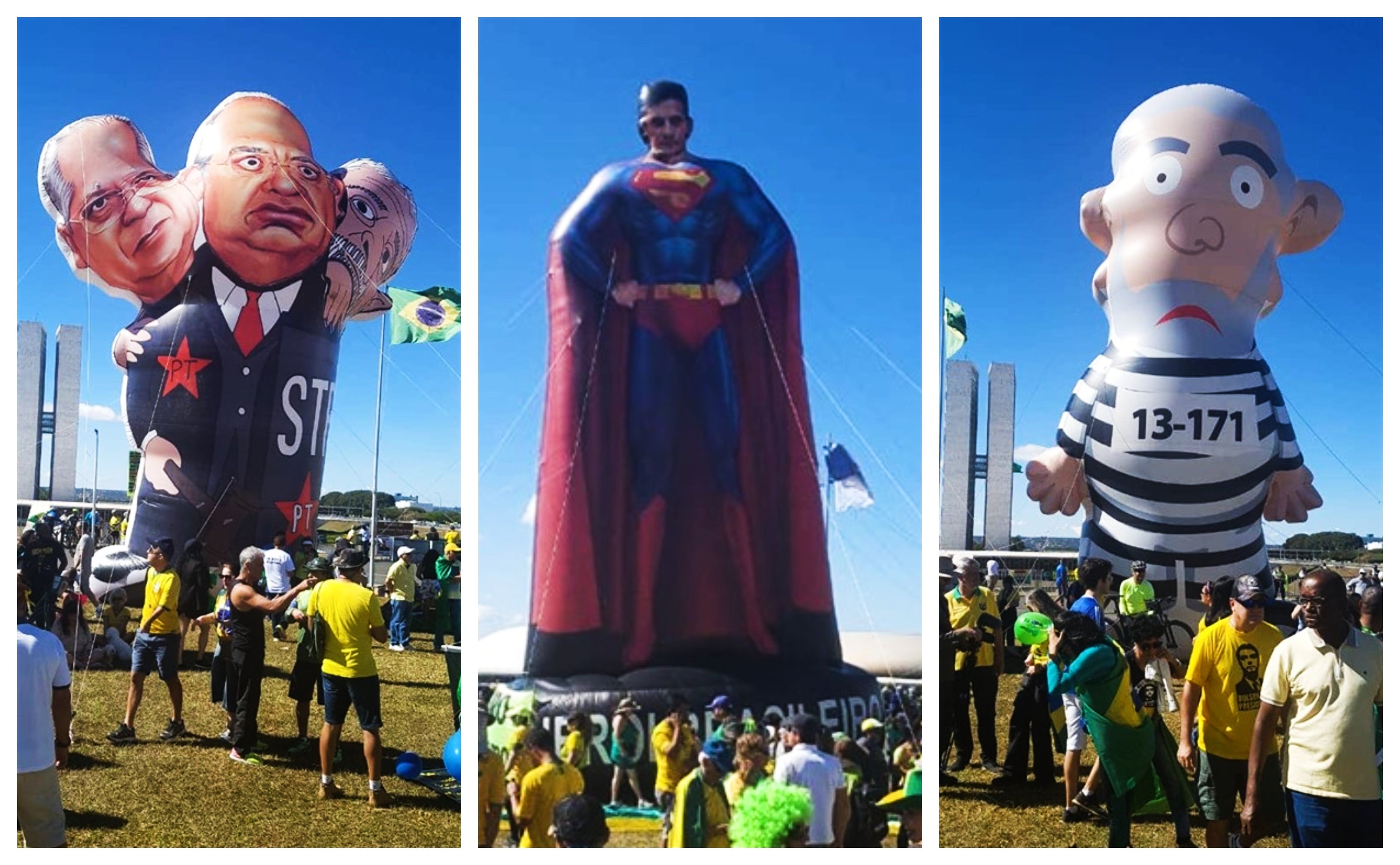 Bonecos erguidos por manifestantes em frente ao Congresso atacam Lula, Dirceu e Gilmar Mendes e reverenciam Moro[fotografo]Facebook/NasRuas[/fotografo]