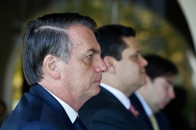 O presidente Bolsonaro e os presidentes do Senado, Davi Alcolumbre, e da Câmara, Rodrigo Maia.
[fotografo]Carolina Antunes/PR[fotografo]