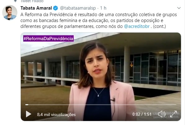 Tabata publicou vídeo nas redes sociais defendendo reforma. Foto: Reprodução