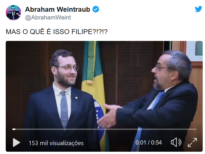 Em vídeo gravado no MEC, Weintraub diz que, com um parlamentar como Filipe Barros, o Paraná fica 