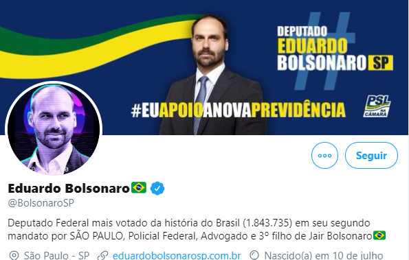 Twitter do Eduardo Bolsonaro (PSL-SP)