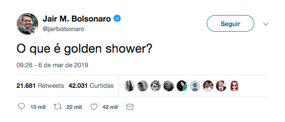 Tweet deletado do presidente questionava o que é golden shower [fotografo] Reprodução/ Twitter [/fotografo]