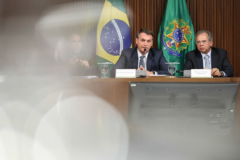 Bolsonaro e Guedes em reunião do Conselho do Programa de Parcerias de Investimentos nesta quarta-feira (19), em Brasília[fotografo]Marcos Correa/PR[/fotografo]