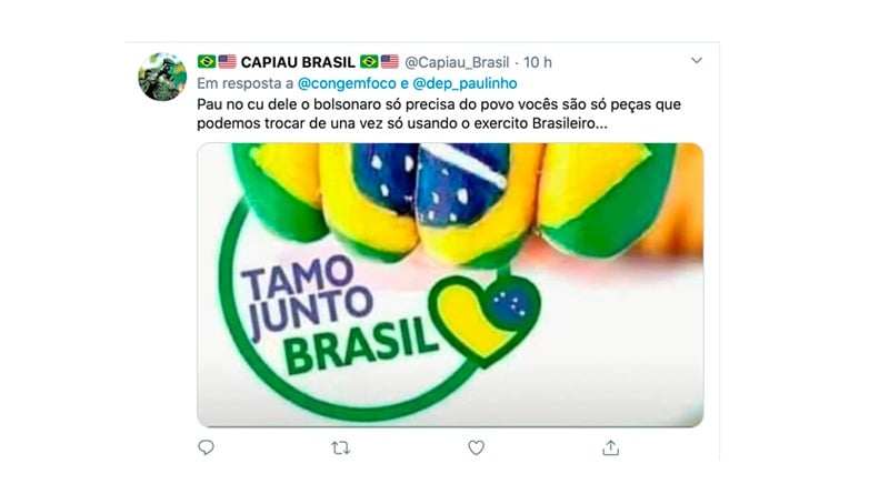 Tuíte postado por bolsonarista no canal do Congresso em Foco no Twitter