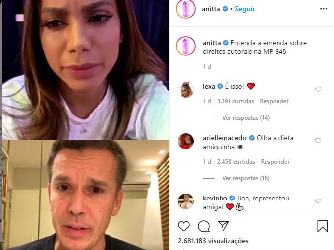 Anitta em live com o autor da emenda, o deputado Felipe Carreras[fotografo]Reprodução/Instagram[/fotografo]