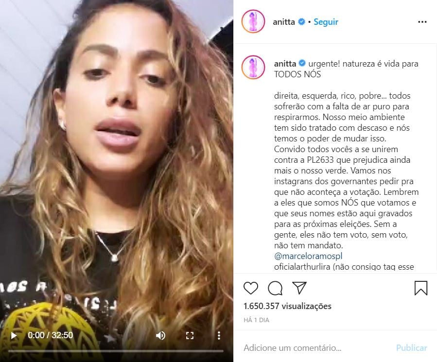 Anitta faz campanha contra PL2633. [fotografo]Imagem Reprodução/Instagram[/fotografo]