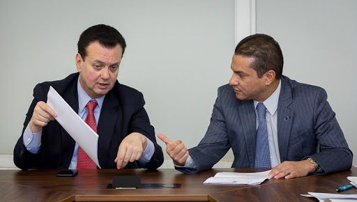 Os presidentes do PSD, Gilberto Kassab, e do Republicanos, Marcos Pereira [fotografo] Reprodução / MCTIC [/fotografo]