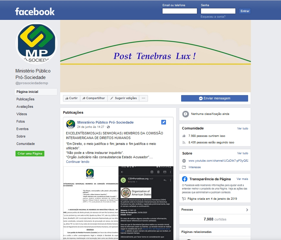 Página do MP Pró-Sociedade no Facebook [Reprodução/Facebook]