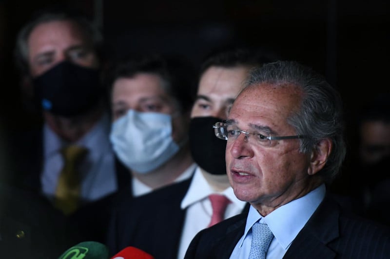 O ministro da Economia, Paulo Guedes, o presidente da Câmara, Rodrigo Maia, e o presidente do MDB, Baleia Rossi. [fotografo] Edu Andrade / Ministério da Economia [/fotografo].