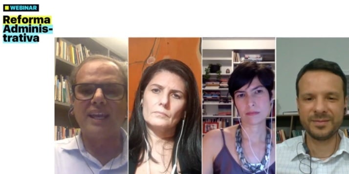 Da esquerda para a direita: Sylvio Costa, Zeina Latif, Gabriela Lotta e Professor Israel Batista durante o webinar sobre a reforma administrativa[fotografo]Webinar/Congresso em Foco[/fotografo]