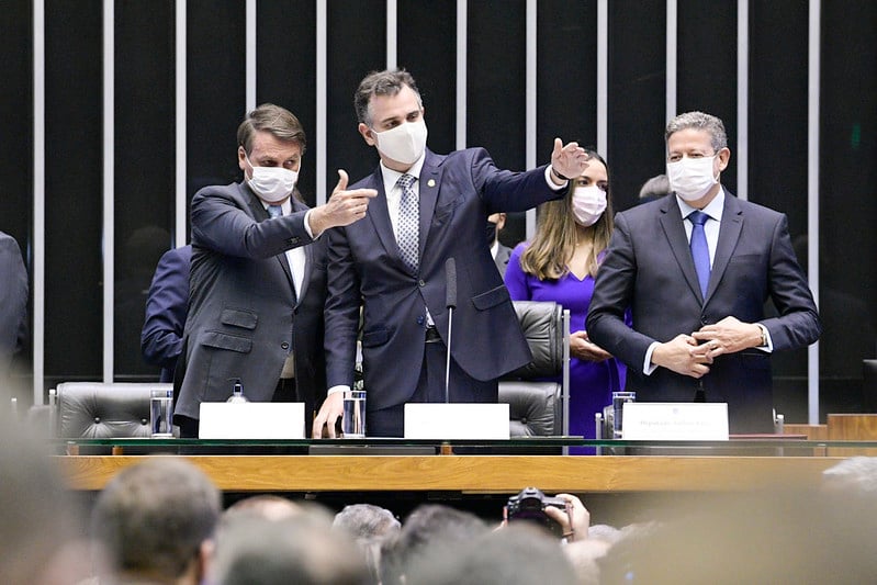 Bolsonaro, Pacheco e Lira na abertura do ano legislativo de 2021. Os três participarão do comitê integrado de enfrentamento a covid-19 [fotografo] Pedro França/Agência Senado[/fotografo]