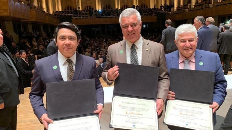 O empresário Alexandre Giordano, Major Olímpio e o ministro Marcos Pontes, no dia da diplomação da chapa[fotografo] Reprodução Facebook [/fotografo]