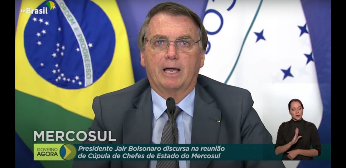 Jair Bolsonaro em discurso na cúpula de líderes do Mercosul. [fotografo] Reprodução/YouTube [/fotografo]