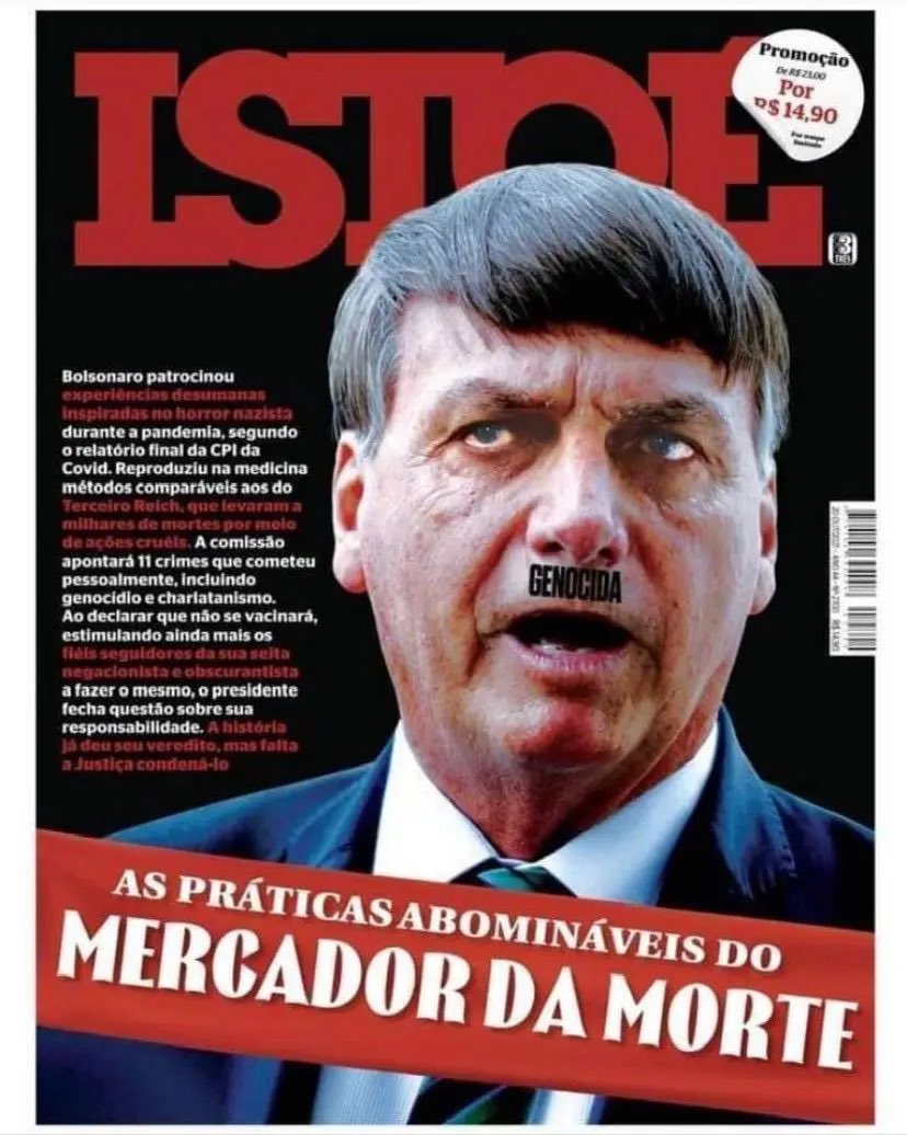 Capa da IstoÉ traz o presidente Jair Bolsonaro caracterizado como Hitler