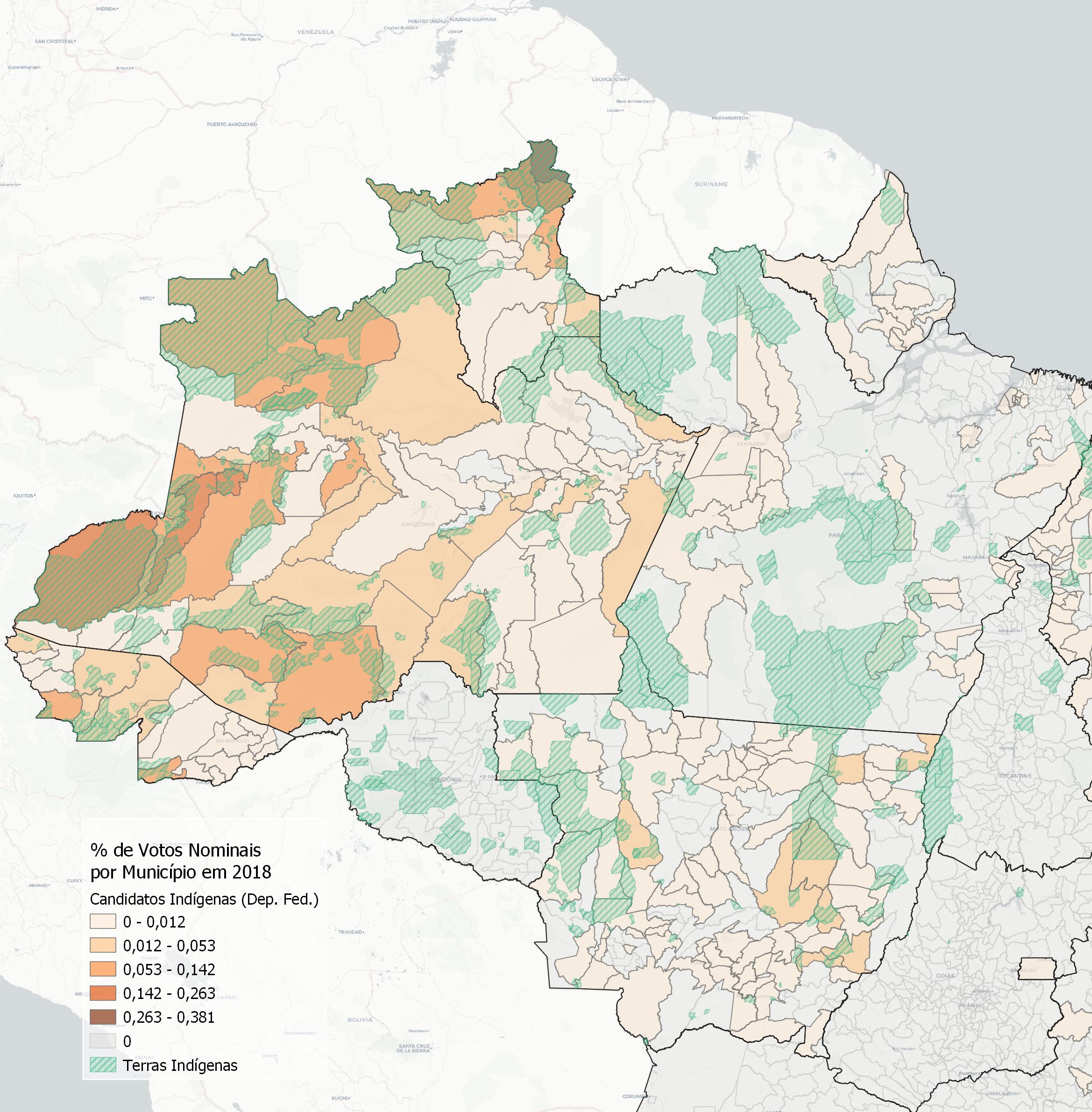 Mapa eleitoral com a distribuição de votos indígenas na região norte do Brasil. IBPAD oferece workshop sobre a elaboração dessa ferramenta da ciência política. Mapa: Ricardo Gonçalves