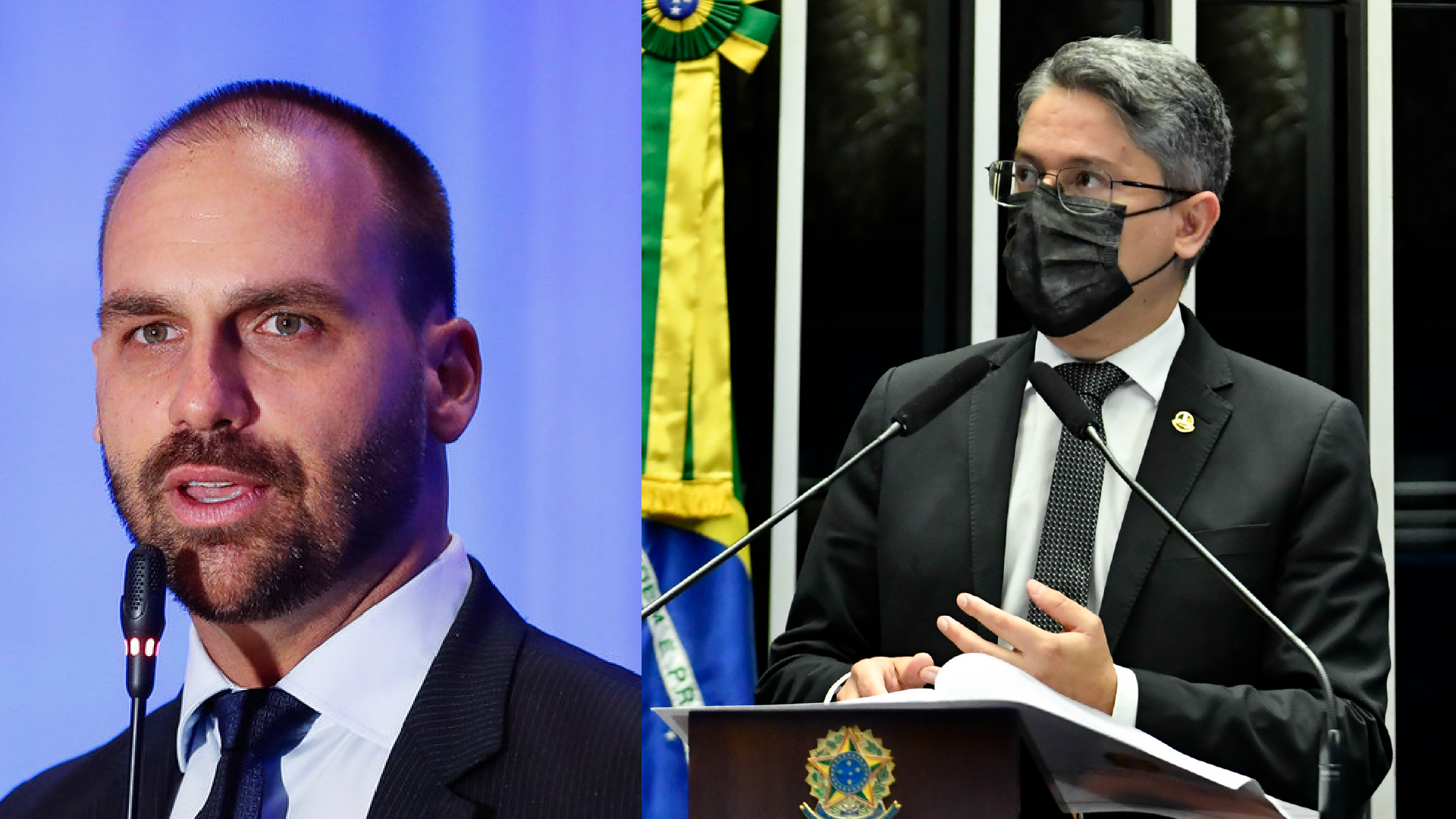 Eduardo Bolsonaro e Alessandro Viera trocaram farpas por conta de PL sobre armamento. Foto: Alan Santos/PR e Waldemir Barretto/Ag. Senado