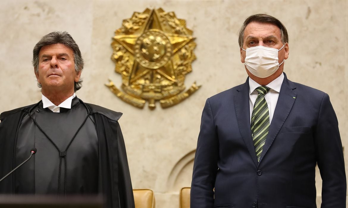 O presidente do STF, Luiz Fux, e Jair Bolsonaro durante solenidade no Supremo. Foto: Marcos Corrêa/PR