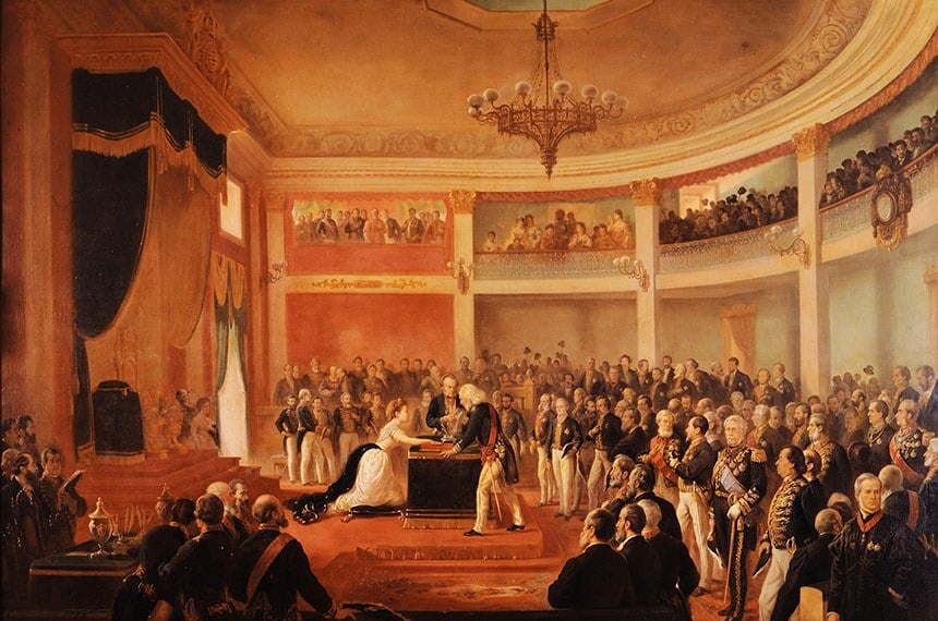 Interior do Palácio do Conde dos Arcos, primeira sede do Senado do Brasil, retratado na pintura de 1875 Juramento da Princesa Isabel, de Victor Meirelles. Foto: Domínio público