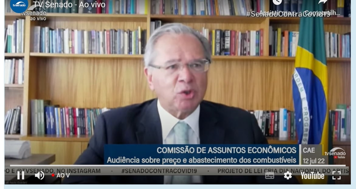 Paulo Guedes dá explicações sobre as ações do governo para conter a alta dos combustíveis. Foto: Reprodução TV Senado