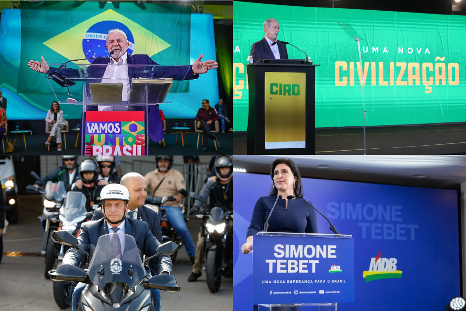 O ex-presidente Lula (PT), o presidente Jair Bolsonaro (PL), Ciro Gomes (PDT) e a senadora Simone Tebet (MDB) cumprem agendas em Salvador (BA) neste sábado (2). Fotos: Ricardo Stuckert/PT, Alan Santos/PR, Divulgação/PDT e Divulgação/MDB.