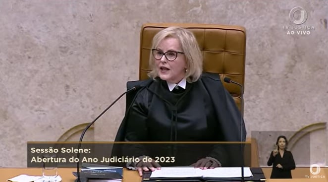 Cerimônia de abertura do ano judiciário é comanda pela presidente do STF, Rosa Weber. Foto: Reprodução/TV Justiça