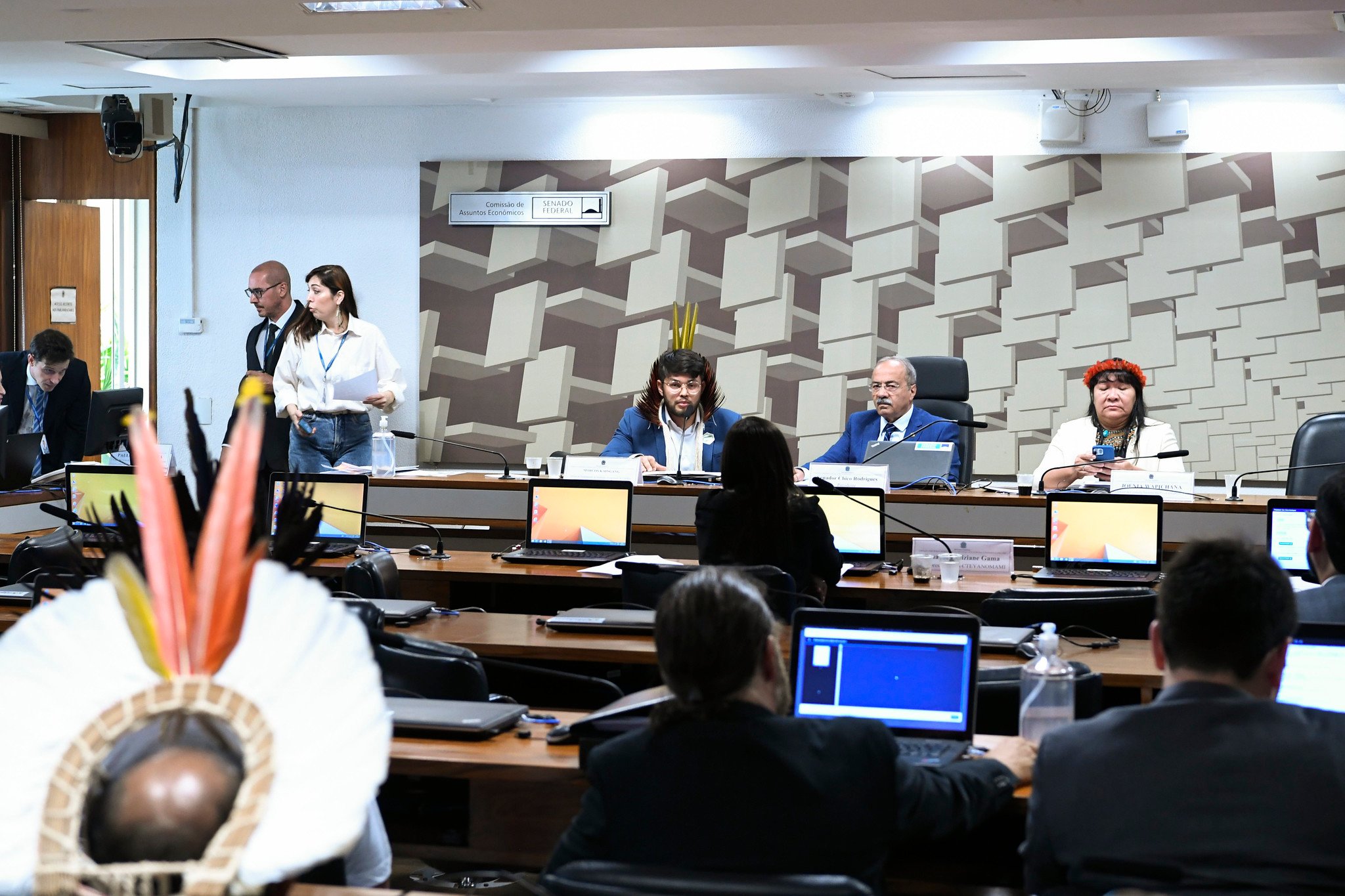 A comissão do Senado que acompanha a crise humanitária envolvendo o povo indígena Yanomami recebe a presidente da Funai, Joenia Wapichana. Foto: Geraldo Magela/Agência Senado