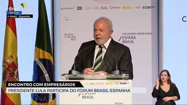 O presidente Lula (PT) participou nesta terça-feira (25) do encerramento do Fórum Empresarial Brasil-Espanha. Foto: Reprodução/TV Brasil