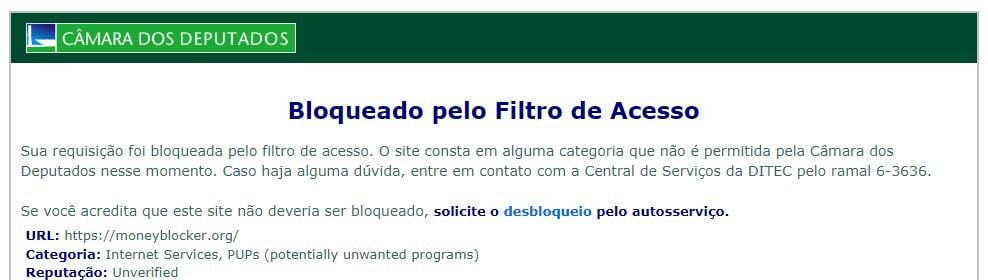 A rede de internet da Câmara dos deputados bloqueou o acesso, nesta semana, a ferramenta Money Blocker, que impede a propagação de fake news. Foto: reprodução