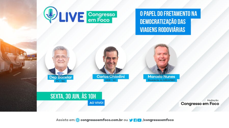 Live debaterá o papel do fretamento na democratização das viagens rodoviárias com os deputados Bacelar (PV-BA) e Carlos Chiodini (MDB-SC), juntamente com o presidente da Associação Brasileira dos Fretadores Colaborativos (Abrafrec), Marcelo Nunes.