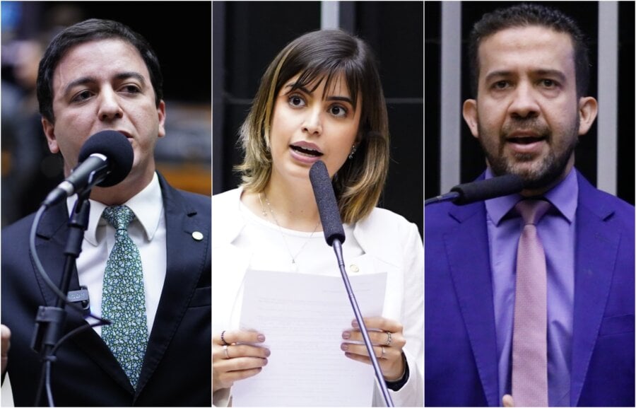 Os deputados Celio Studart (PSD-CE), Tabata Amaral (PSB-SP) e André Janones (Avante-MG), da Frente Parlamentar Mista para a Promoção da Saúde Mental. Fotos: Câmara dos Deputados