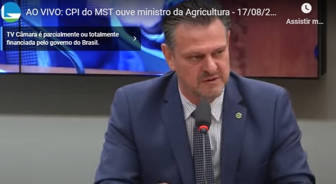 Carlos Fávaro presta depoimento à CPI do MST. Foto: Reprodução/Youtube