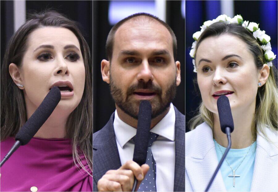 Os deputados Caroline de Toni (PL-SC), Eduardo Bolsonaro (PL-SP) e Júlia Zanatta (PL-SC). Fotos: Marina Ramos e Zeca Ribeiro/Câmara dos Deputados