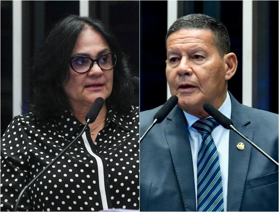 Os senadores Damares Alves (Republicanos-DF) e Hamilton Mourão (Republicanos-RS): ex-membros do governo Bolsonaro, hoje integram partido que tem um ministério no governo Lula. Fotos: Jefferson Rudy/Agência Senado e Waldemir Barreto/Agência Senado