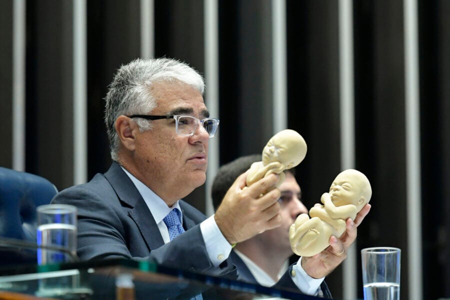 O senador Eduardo Girão (Novo-CE) na Mesa Diretora do Senado, segurando duas réplicas de fetos. Foto: Geraldo Magela/Agência Senado