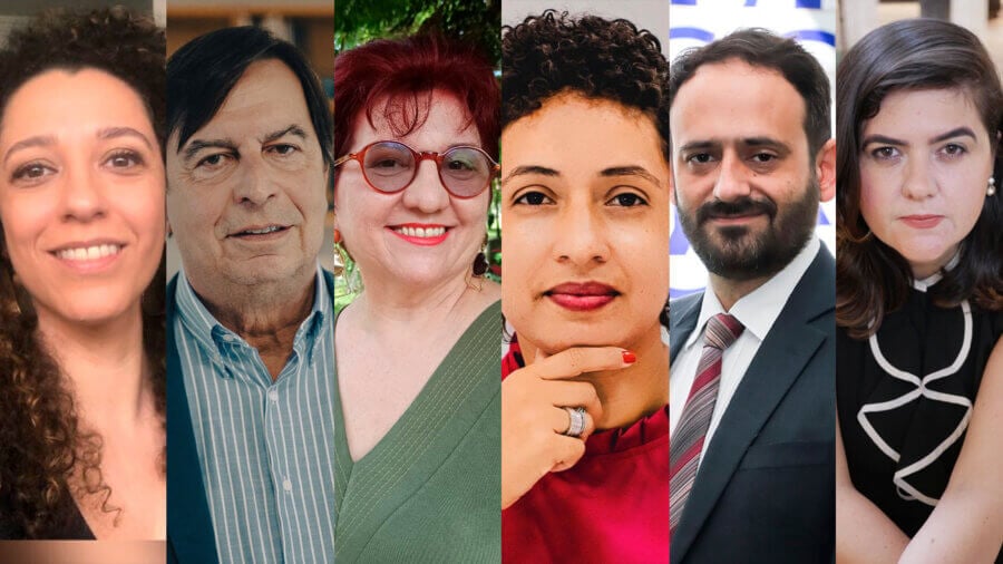 Da esquerda para a direita: Gabriela Nepomuceno, Antônio Umbelino Lôbo, Graça Costa, Laura Karoliny, Edson Sardinha e Graziella Testa, os jurados do Prêmio Congresso em Foco 2024. Fotos: arquivo pessoal