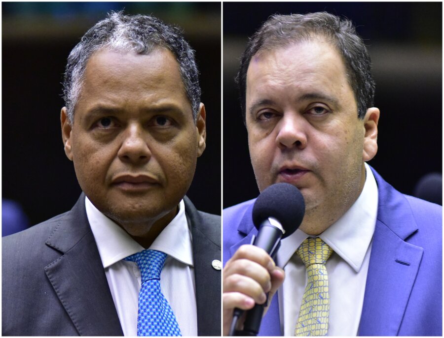 Os líderes do PSD, Antonio Brito (esq.), e do União Brasil, Elmar Nascimento (dir.), são os principais nomes na disputa pela sucessão de Arthur Lira na presidência da Câmara. Fotos: Zeca Ribeiro/Câmara dos Deputados