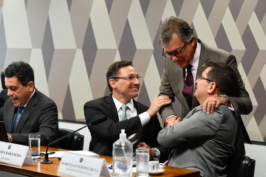 indicado para compor o Conselho Nacional de Justiça (CNJ), Ulisses Rabaneda dos Santos;
senador Laércio Oliveira (PP-SE);
indicado para compor o Conselho Nacional de Justiça (CNJ), Marcello Terto e Silva.

Foto: Roque de Sá/Agência Senado