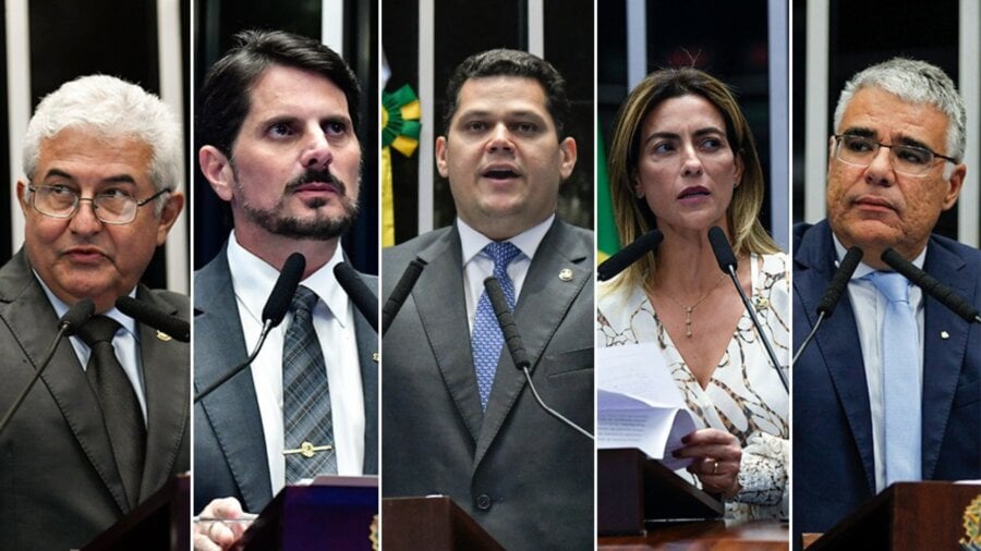 Marcos Pontes (PL-SP), Marcos do Val (Podemos-ES), Davi Alcolumbre (União Brasil-AP), Soraya Thronicke (Podemos-MS) e Eduardo Girão (Novo-CE) são os candidatos à presidência do Senado. Foto: Agência Senado