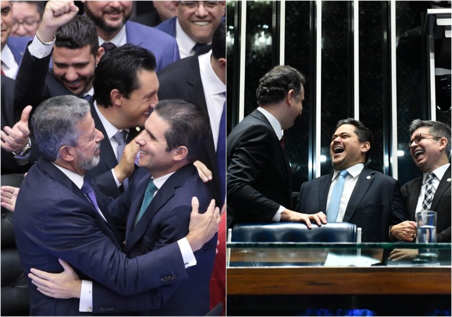 À esquerda, o antecessor Arthur Lira (PP-AL) cumprimenta Hugo Motta (Republicanos-PB), eleito presidente da Câmara; à direita, o novo presidente do Senado, Davi Alcolumbre (União Brasil-AP), é congratulado pelos senadores Rodrigo Pacheco (PSD-MG) e Randolfe Rodrigues (PT-AP). Fotos: Bruno Spada/Câmara dos Deputados e Roque de Sá/Agência Senado