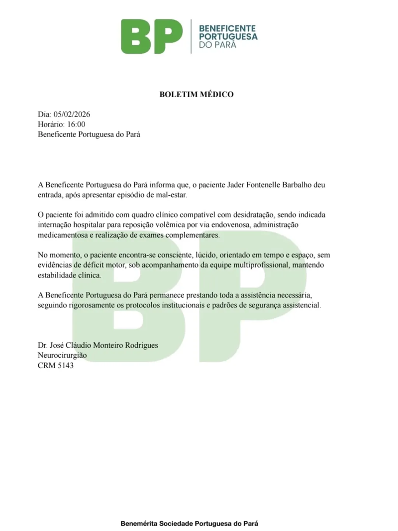 Boletim médico do senador Jader Barbalho. 