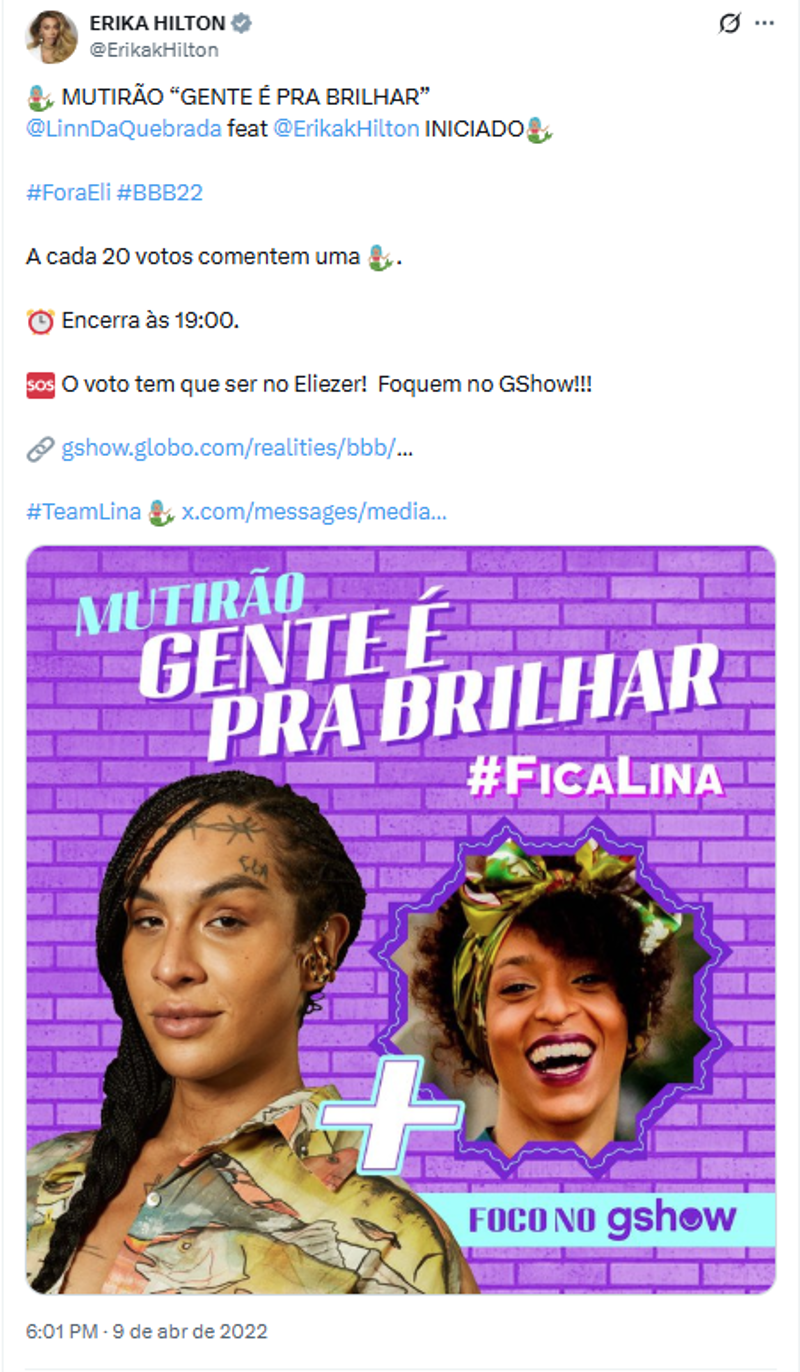Publicação da deputada Erika Hilton. 