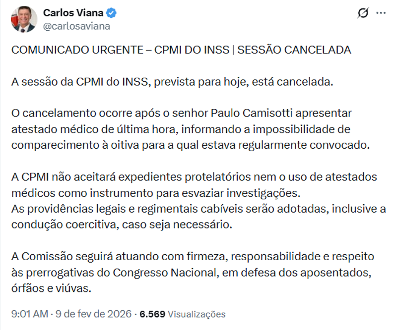 Comunicado de Carlos Viana no X.