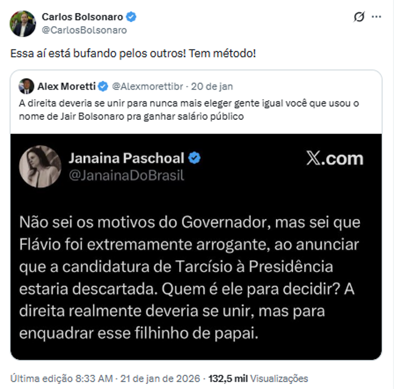 Mensagem publicada por Carlos Bolsonaro em crítica a Janaína Paschoal em janeiro.